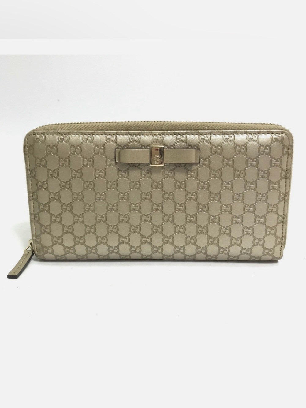 Gucci 388680 Guccissima zip around long wallet gold w/ bow detail leather